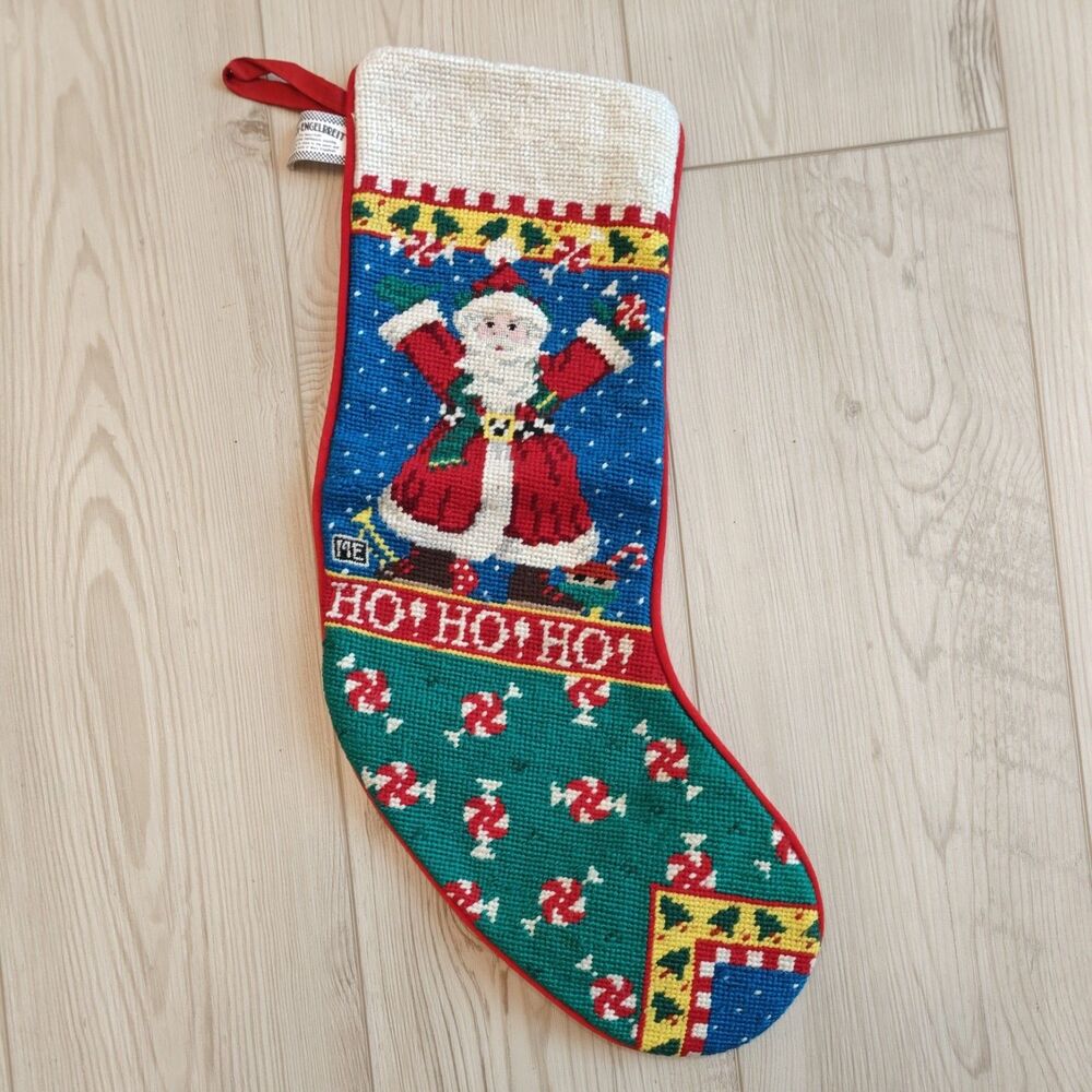 Mary Engelbreit Vintage Needlepoint Christmas Stocking Santa Ho Ho Ho Red Velvet